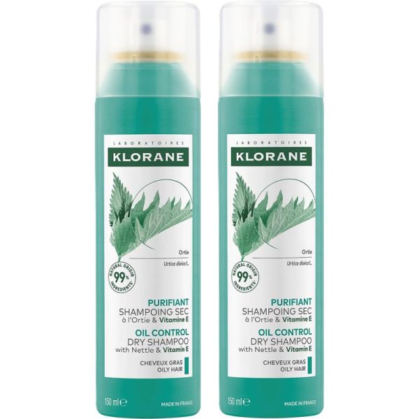 Klorane Ortie Shampooing Sec Séboréducteur Cheveux Gras - 2x150ml - Purifie, absorbe le sébum et redonne du volume