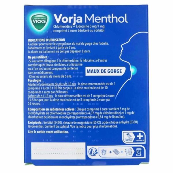 Laboratoire Vicks Vorja Menthol 24 comprimés à sucer - Traitement des maux de gorge