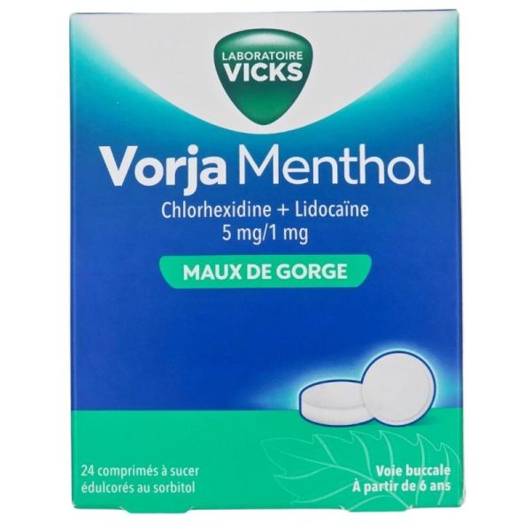 Laboratoire Vicks Vorja Menthol 24 comprimés à sucer - Traitement des maux de gorge