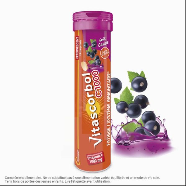 Vitascorbol Vitamine C 1000mg - 15 Comprimés Effervescents - Saveur Cassis - Vitalité et Défenses Immunitaires