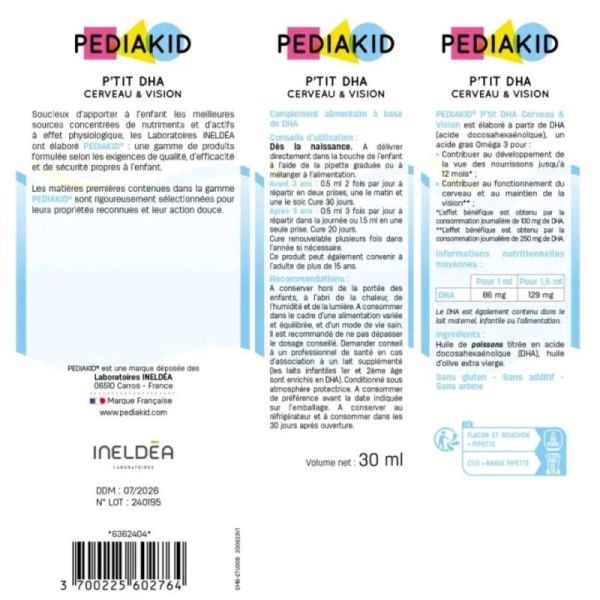 Pédiakid P’tit DHA Cerveau & Vision 30 ml – Développement cognitif et visuel