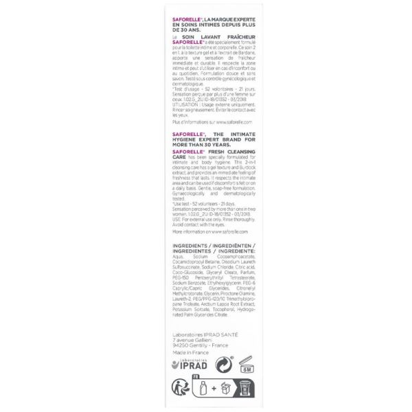 Saforelle Soin Lavant Fraîcheur 100 ml - Gel intime doux & sensation de fraîcheur