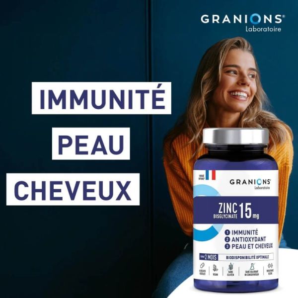 Granions Zinc Bisglycinate 15mg 60 Gélules - Haute biodisponibilité, soutien immunitaire, santé peau et cheveux