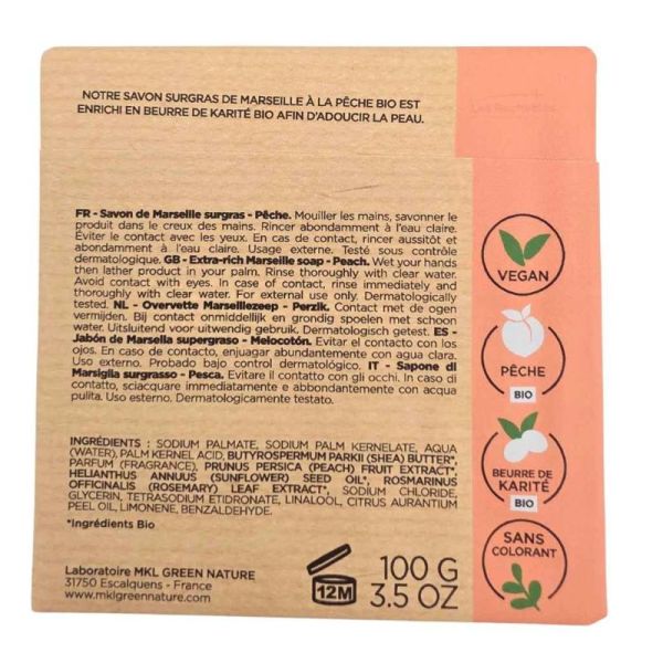 MKL Green Nature Savon Surgras de Marseille Pêche Bio 100g - Adoucit et nettoie en douceur le corps et les mains