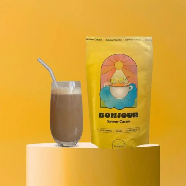 Bonjour Boisson Naturelle aux Champignons Adaptogènes - 15 portions - Saveur cacao - Énergie stable, clarté mentale et digestion apaisée