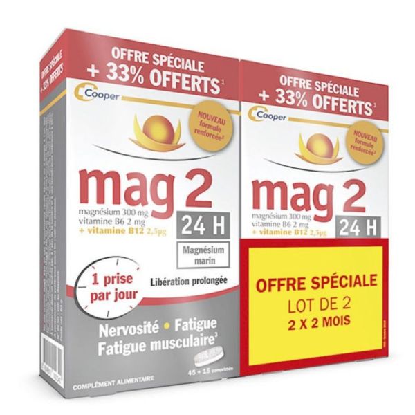 Mag 2 24H Lot de 2 x 45 comprimés + 15 Offerts