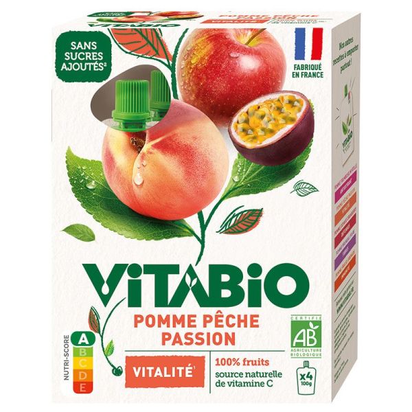 Vitabio Gourde de Fruits Pomme Pêche & Passion Bio Sans Sucres Ajoutés - 4x100g