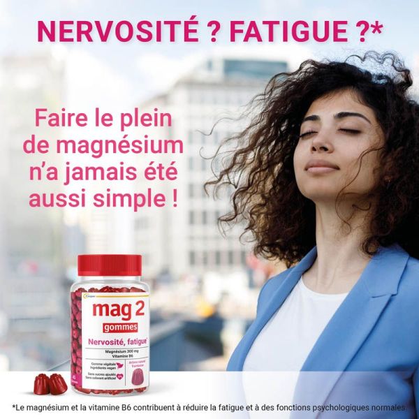 Mag 2 Gommes Nervosité Fatigue - Lot de 2 x 45 Gummie - Goût Framboise - Réduit fatigue et stress