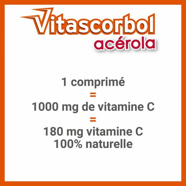 Vitascorbol Acérola 1000 - Lot de 2 x 30 comprimés à croquer - Vitalité naturelle à base de vitamine C