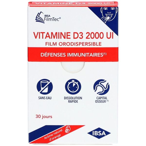 IBSA Vitamine D3 2000UI - 30 films orodispersibles - Soutient l’immunité et la santé osseuse au quotidien