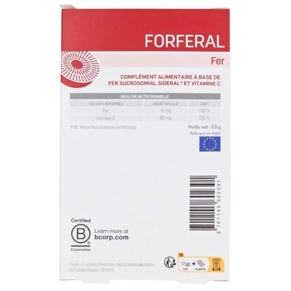PiLeJe FORFERAL Fer 30 Gélules - Apport en fer sucrosomial et vitamine C, réduction de la fatigue