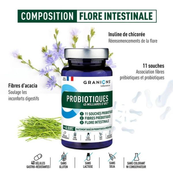 Granions Probiotiques et Prébiotiques 40 Gélules - Équilibre de la flore intestinale, soulagement des inconforts digestifs