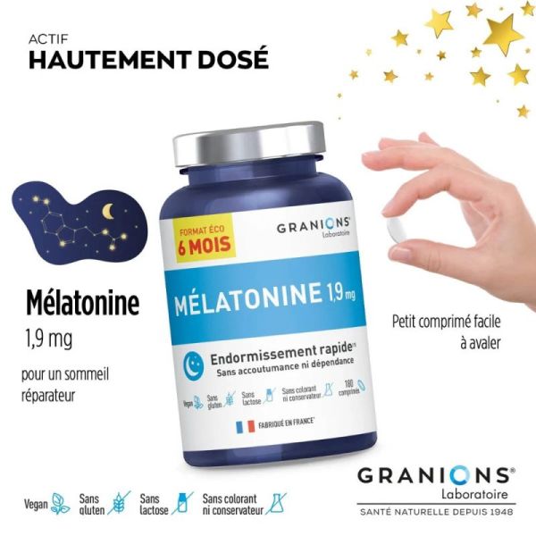 Granions Mélatonine 1,9 Mg 180 Comprimés - Sommeil réparateur, aide à l'endormissement rapide, Pack 6 mois