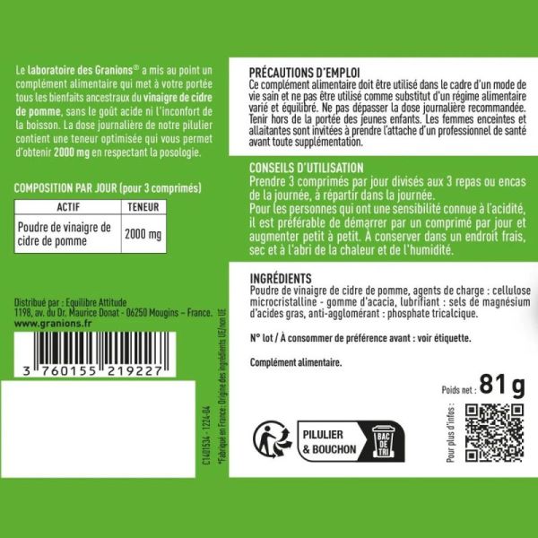 Laboratoire Granions Vinaigre De Cidre De Pomme 2000 mg - Complément alimentaire naturel, digestion facilitée, format comprimés
