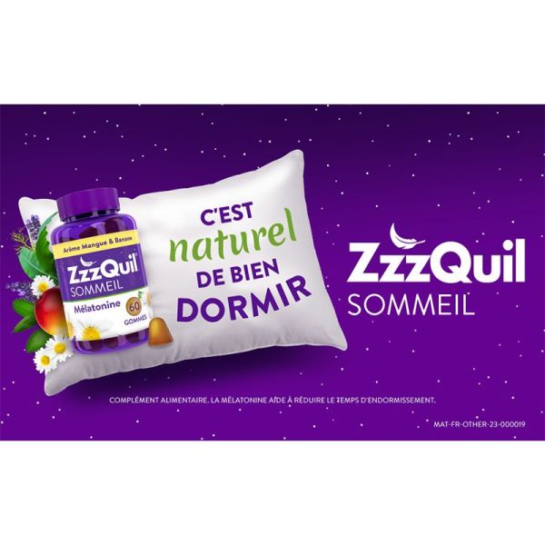 ZzzQuil Sommeil 60 Gummies Arôme Mangue Banane - Complément alimentaire pour le sommeil, aide à s'endormir vite