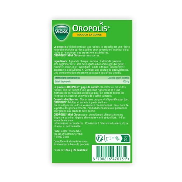 Vicks Oropolis - Adoucit la Gorge - Propolis - 20 pastilles miel citron