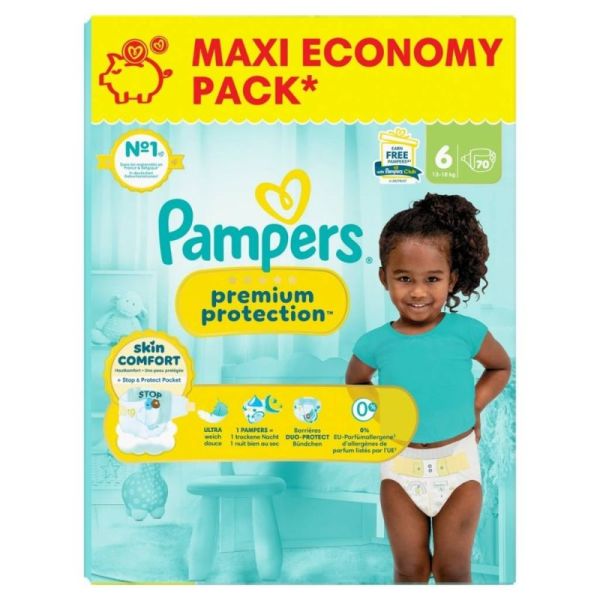 Pampers Premium Protection Taille 6 / 13-18kg - 70 Couches Maxi Pack - Confort supérieur, ultra-absorbant