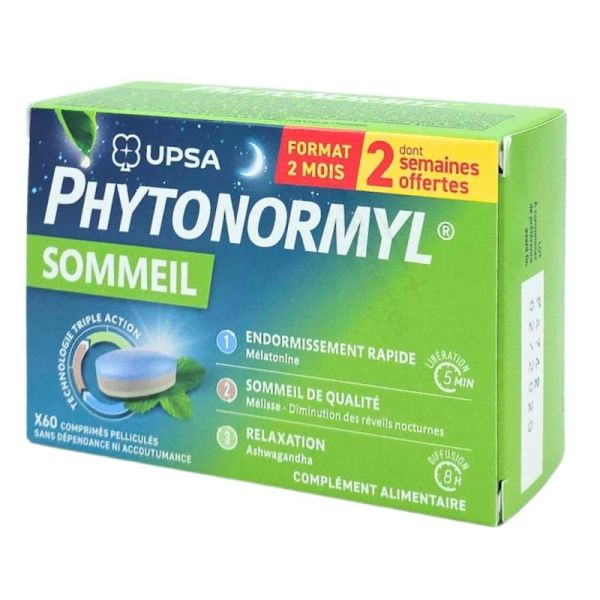 UPSA Phytonormyl Sommeil 60 comprimés Mélatonine de 1,0mg - Favorise l’endormissement rapide et la relaxation