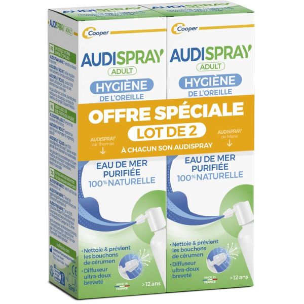 Audispray Adulte Hygiène de l'Oreille Lot de 2 x 50ml - Bouchon de Cérumen