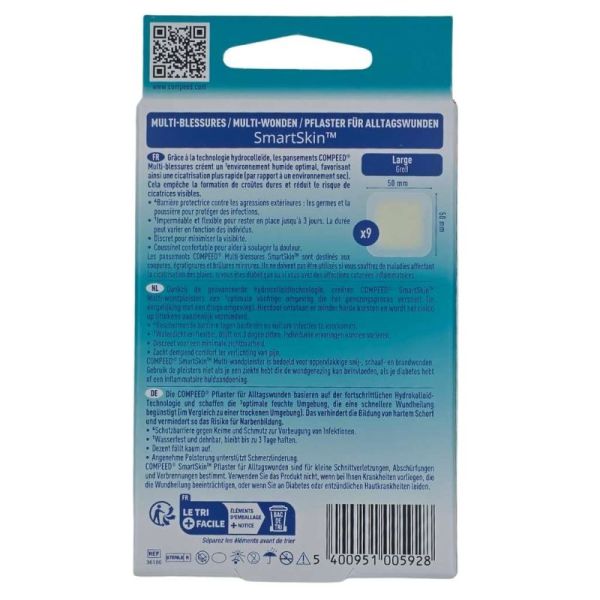 Compeed Multi-Blessures SmartSkin Large 9 Pansements 50x50 mm - Cicatrisation accélérée et protection imperméable