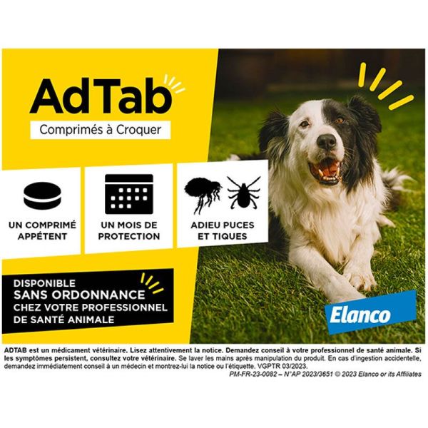 Elanco AdTab 900mg Chien 22–45 kg - 3 Comprimés à croquer - Contre les puces et les tiques, goût viande, 1 mois de protection