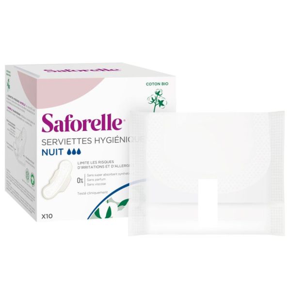 Saforelle Serviettes Hygiéniques Nuit Avec Ailettes Coton Bio 10 unités - Protection Douce et Confortable