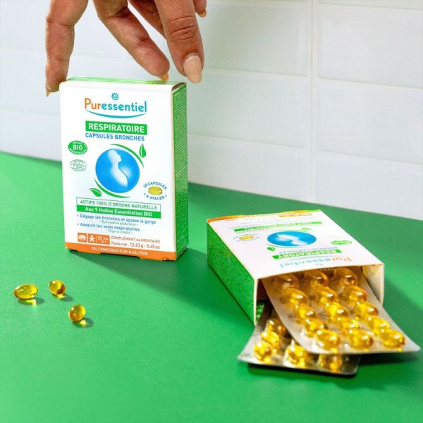 Puressentiel Respiratoire Capsules Bronches Bio 30 Capsules – Dégage les bronches, apaise la gorge et assainit les voies respiratoires