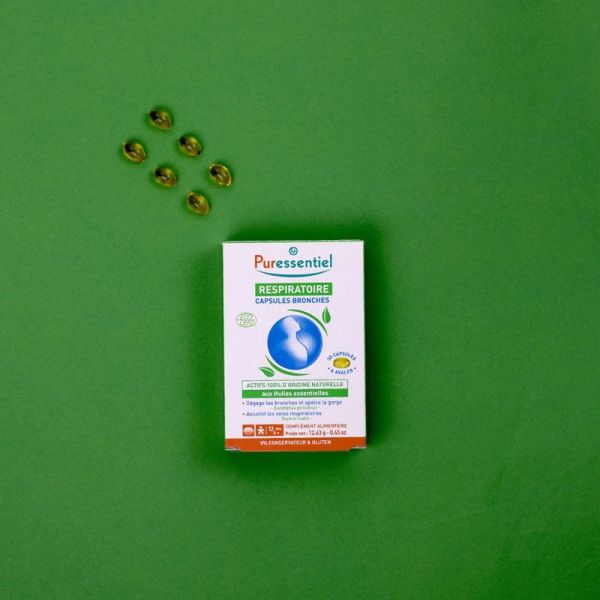 Puressentiel Respiratoire Capsules Bronches Bio 30 Capsules – Dégage les bronches, apaise la gorge et assainit les voies respiratoires