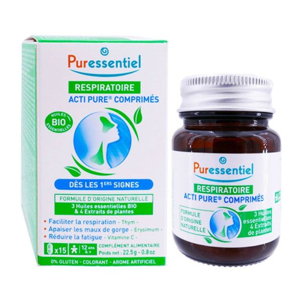 Puressentiel Respiratoire Acti Pure - Facilite la Respiration, Apaise les Maux de Gorge et Soutient le Système Immunitaire - 15 comprimés