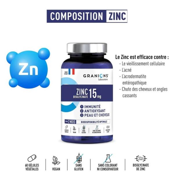 Granions Zinc Bisglycinate 15mg 60 Gélules - Haute biodisponibilité, soutien immunitaire, santé peau et cheveux