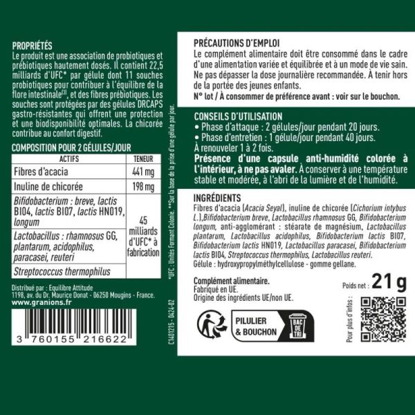 Granions Probiotiques et Prébiotiques 40 Gélules - Équilibre de la flore intestinale, soulagement des inconforts digestifs