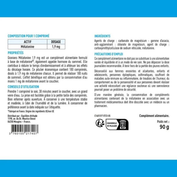 Granions Mélatonine 1,9 Mg 180 Comprimés - Sommeil réparateur, aide à l'endormissement rapide, Pack 6 mois