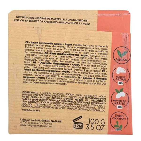 MKL Green Nature Savon Surgras de Marseille Argan 100 g - Adoucissement et nettoyage quotidien du corps et des mains