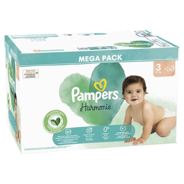 Pampers Harmonie Taille 3 / 6-10kg - 90 Couches Mega Pack - Zéro parfum et lotion, hypoallergénique