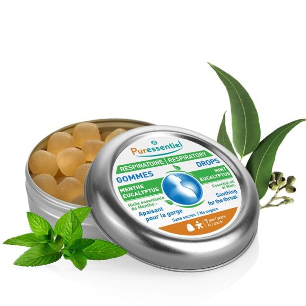 Puressentiel Respiratoire Gommes Menthe Eucalyptus 45 g – Apaise la gorge, rafraîchit le pharynx et les cordes vocales