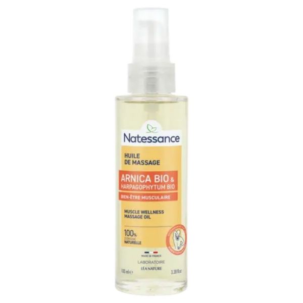 Natessance Huile de massage à l'Arnica bio Flacon de 100ml - Soulage les zones sensibles, réduit les tensions et raideurs