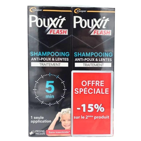 Pouxit Flash Shampooing anti-poux 2-en-1 Offre spéciale 2x100 ml - Traite et lave en seulement 5 minutes