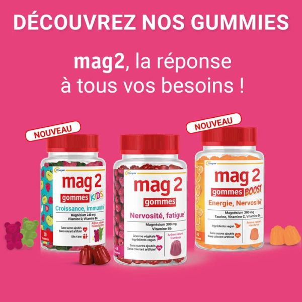 Mag 2 Gommes Nervosité Fatigue - Lot de 2 x 45 Gummie - Goût Framboise - Réduit fatigue et stress