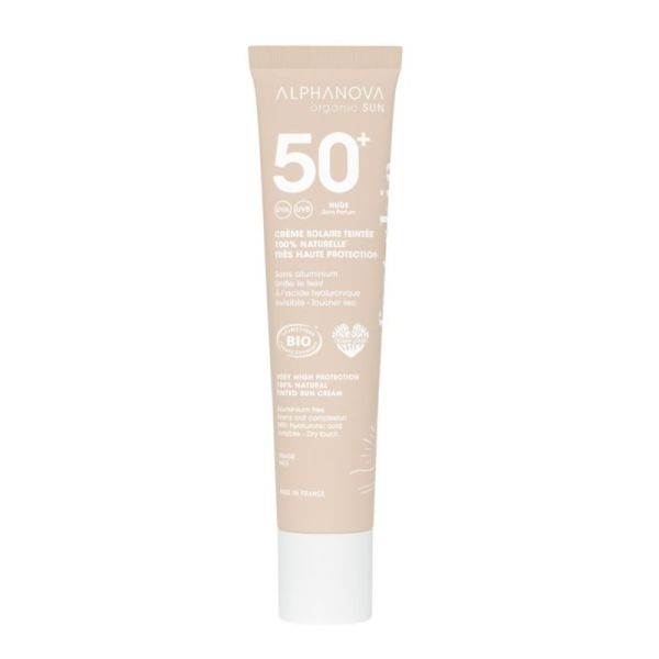 Alphanova Organic Sun Crème Solaire Teintée Nude SPF50+ Bio Visage Invisible & Toucher Sec - 40g