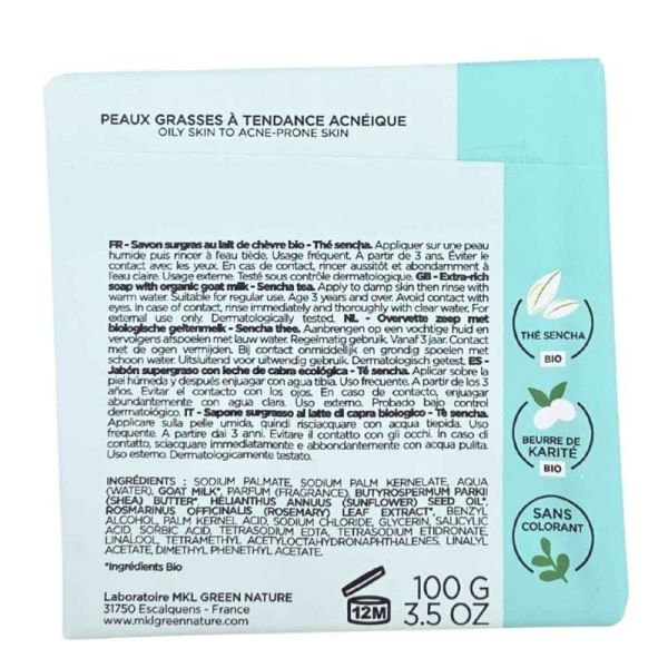 MKL Green Nature Lait de Chèvre Savon Surgras Purifiant Thé Sencha 100 g - Nettoyage et pureté des peaux grasses à tendance acnéique