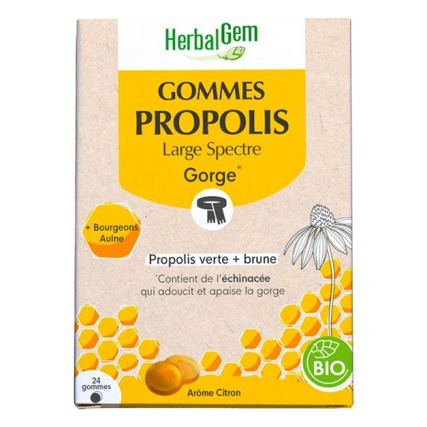 HerbalGem Gommes Propolis Bio - Large Spectre - Adoucit et Apaise la Gorge - 24 Gommes