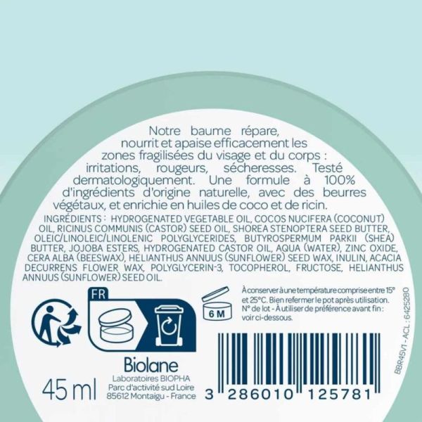 Biolane Baume réparateur 45 ml - Soin apaisant et nourrissant 100% d'origine naturelle