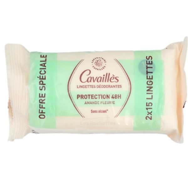 Cavaillès Lingettes Déodorantes Amande Fleurie Lot de 2x15 Lingettes – Protection et fraîcheur nomade