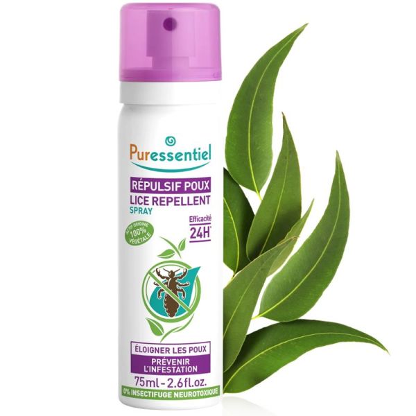 Puressentiel Spray Répulsif Poux 75 ml – Action préventive 24h, formule 100% naturelle et sans insecticide