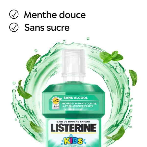 Listerine Bain de Bouche Enfant Menthe Douce Sans Alcool 500ml – Protection anti-caries