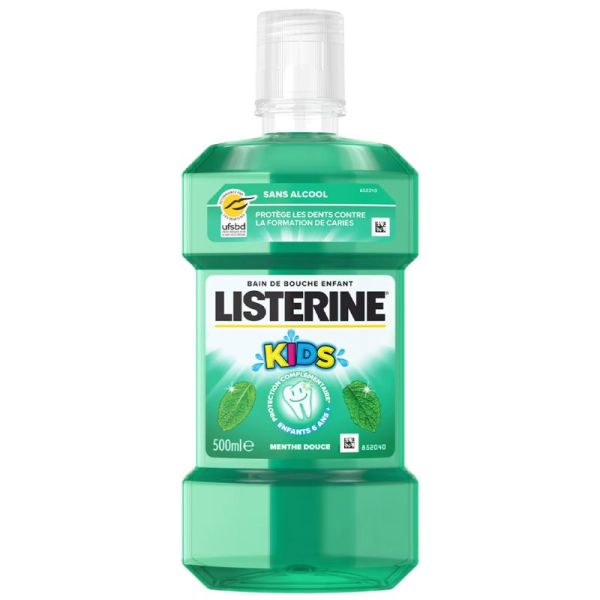 Listerine Bain de Bouche Enfant Menthe Douce Sans Alcool 500ml – Protection anti-caries