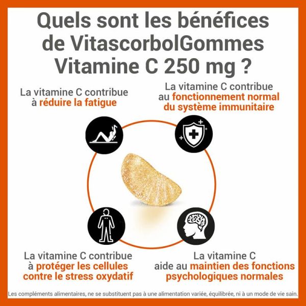 Vitascorbol Vitamine C 250mg - 45 gommes - Vitalité et défense immunitaire au quotidien