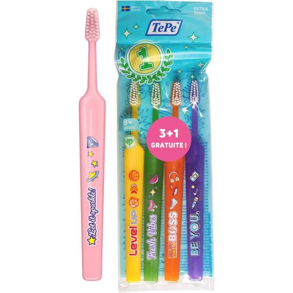 TePe Kids Brosse à Dents Extra-Souple - Lot de 3 + 1 OFFERTES - Coloris Aléatoire - Nettoyage tout en douceur dès 3 ans