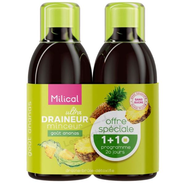 Milical Draineur Ultra Minceur 2x500 ml Ananas - Brûle les graisses, détoxifie l'organisme, active l'élimination des toxines