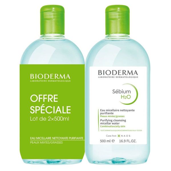 Bioderma Sébium H2O Solution Micellaire Peaux Mixtes à Grasses Lot de 2 x 500 ml